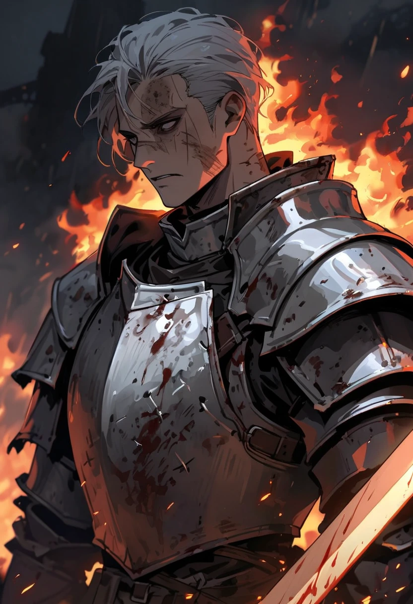(a teenager male knight in cracked sliver armor), handsome, ((he raise a sword stained with blood)), a giant gate of castle behind him, light from the sky, lots of swords point at the knight, silver hair, black hair, gradient hair, chiaroscuro, cinematic lighting, god rays, ray tracing, reflection light, ((close-up)), masterpiece, best quality, high quality, high details, highest, accurate, anatomically correct, textured skin, UHD, 1080P