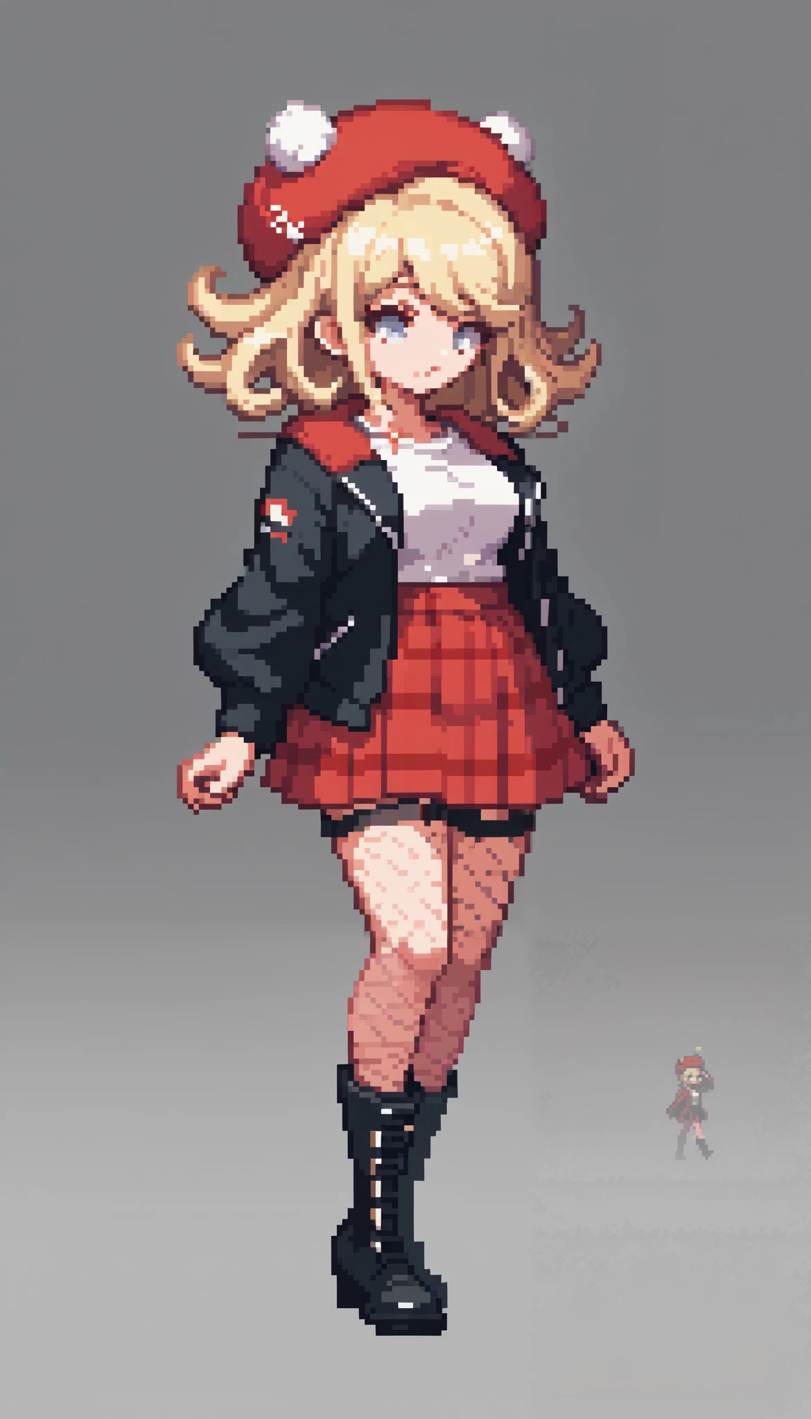  Anatomically Correct , Pixel style:1.5,  Beautiful full body girl  , Endless Corridor , ((manga pixel style :1.5)), Linear  ,  she is half profile  ,  red and black plaid miniskirt  ,  three-quarter fishnet stockings  , long black boots,  white sweatshirt with red letters  ,  fluttering in the wind  , red wool hat  ,  red and black jacket that falls on your shoulders ,  field background at dusk  , flores , Going down a hill,  an anime drawing by Masamune Shirow  ,  dynamic and sensual pose  , trend on pixiv, Furry art, Danganronpa digital art,  Anime style ,  Anime style ”, Blonde anime girl with long hair ,  High-quality anime art style  ,  ranked among the best in pixiv  ,  Beautiful high school anime girl  , obra de arte de  Anime style ,  anime illustration trend 