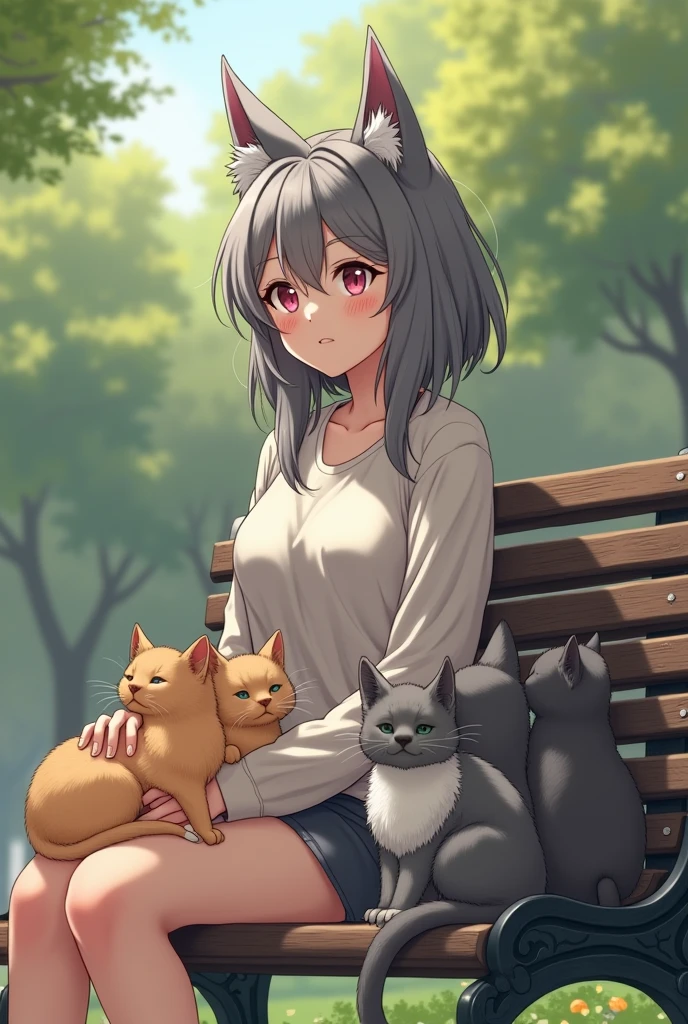 I have gray hair and round gray ears hanging like a golden retriever on both sides of my head. I have gray ears that are the same color as my hair. and my eyes are pink and my face is cute. . She's a woman with big breasts . I'm sitting on a park bench in warm, cloudless spring weather . However, many stray cats are gathered on the bench and on the woman's lap, and they look cute..