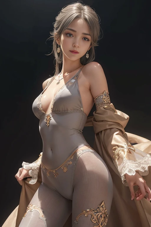 (A hyper-realistic)、(illustratio)、(hight resolution)、(in 8K)、(ighly detailed)、(Best Illustration)、(beautifully detailed eyes)、(top-quality)、(ultra-detailliert)、(​masterpiece)、(wall-paper)、(A detailed face)、Japan Maiden、looking at viewert、fine detailed、A detailed face、lowkey、pureerosfaceace_v1、A smile、full body Esbian(Stylish design)、(( camel's toe) )、(hairstyle on、bobhair)、(Hair color、Silver Beige Grade)、(small tits,well-shaped bust,slim body and constricted waist,,,,,,,)), (((Absolute full-length images,Front and rear views))),(colors of clothing、Beige)、Ultra-fine makeup、Very delicately、Open leg large