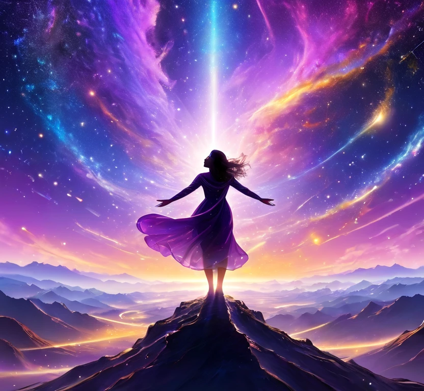 A radiant cosmic landscape filled with swirling galaxies, glowing stars, and ethereal light beams illuminating the vast expanse of space. The foreground features a silhouette of a person standing with arms open wide, bathed in golden light, symbolizing spiritual awakening. The colors blend in vibrant hues of purple, pink, blue, and gold, creating a sense of wonder and awe. The scene is uplifting, peaceful, and powerful, leaving ample space in the center for the book title. Stunning and inspiring, with a sense of boundless love.