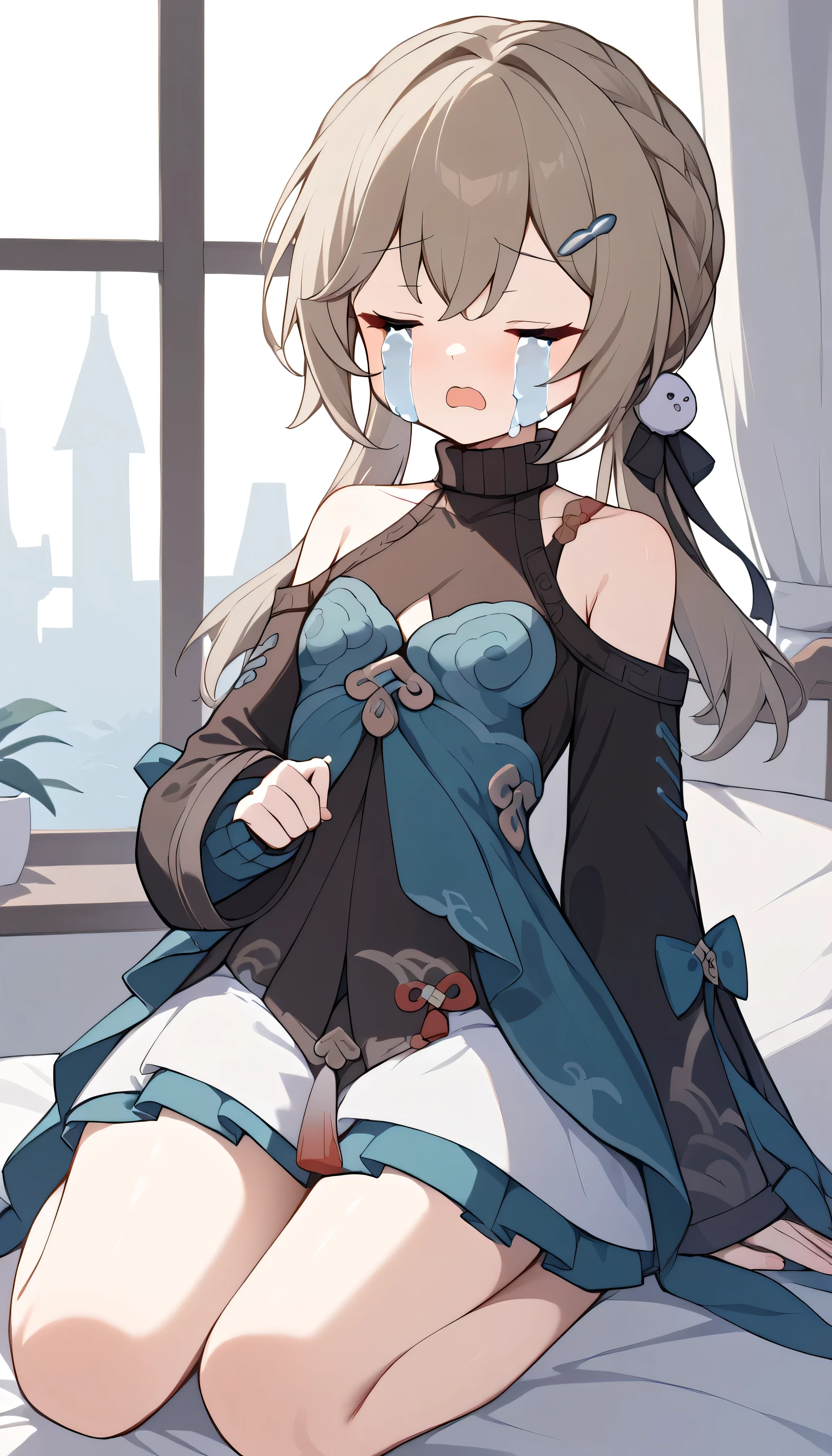 small breasts, brown hair, braid, low twintails, hair ornament, hairpin, short dress, turtleneck, bare shoulders, center opening, cleavage, long sleeves, wide sleeves, skirt,,　Alone,  I can see my eyebrows from inside my hair,  hair between your eyes, masterpiece,  best quality , very aesthetic, 　Chinese-style city　　open mouth　streaming tears　 chibi　closed eyes　face focus　kneeling