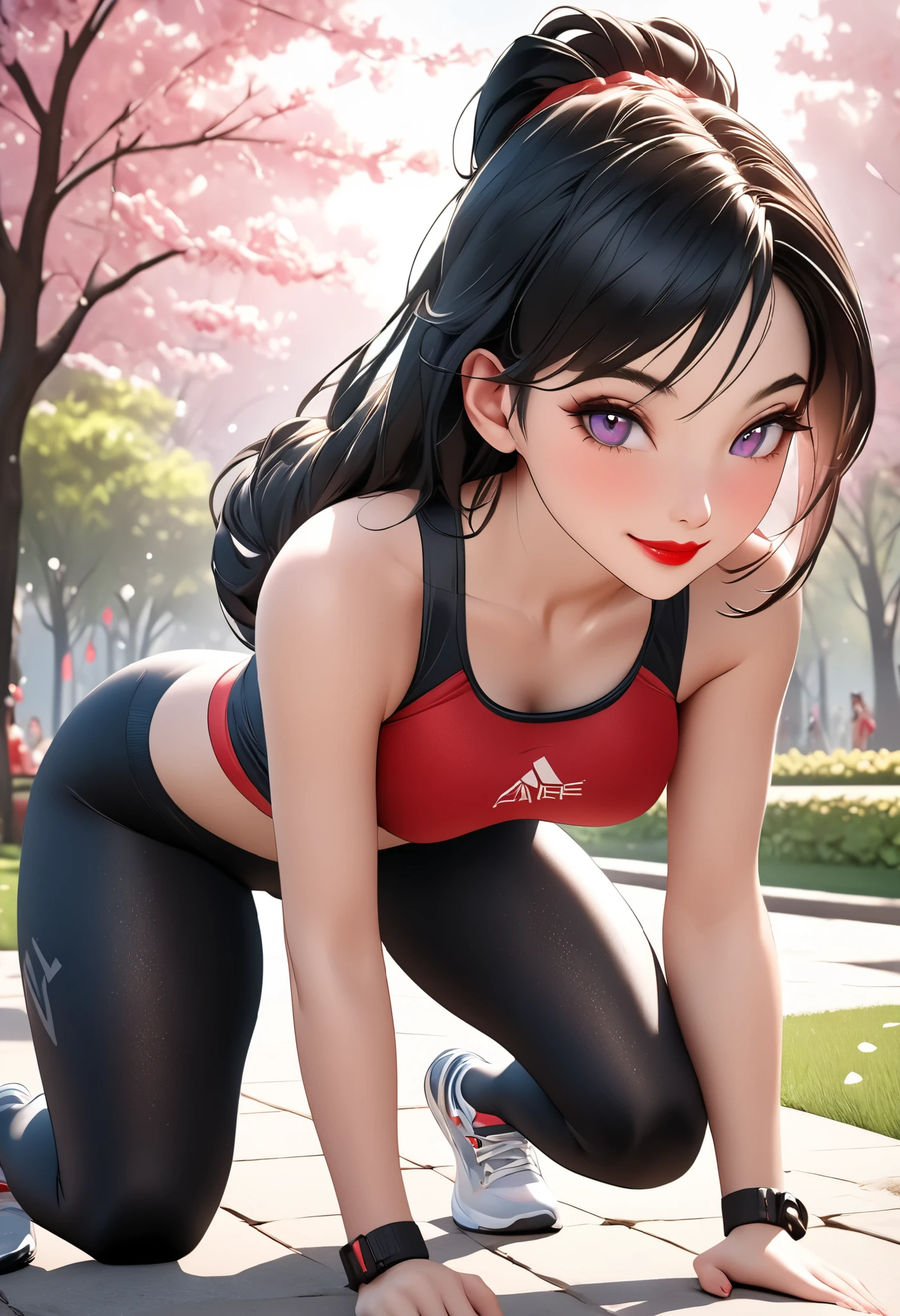 8k,masterpiece, CGSTATION, hyper CGI style, arte extremadamente detallado de artgerm, photorealistic chica anime render, 8k anime drawing style, best quality, 3D rendering, INTRICATE, cute, hyper detailed, medium bust, 27 years old, a woman, sensual smile, red lips, super detailed skin, super beautiful eyes,front,perfect nose, mulan, She is wearing tight black thermal leggings, above she is wearing a tight red sports top, white running shoes, she is wearing a sports fanny pack, performing warm-up movements in a park, fhd, tying her shoelaces, crouching, 