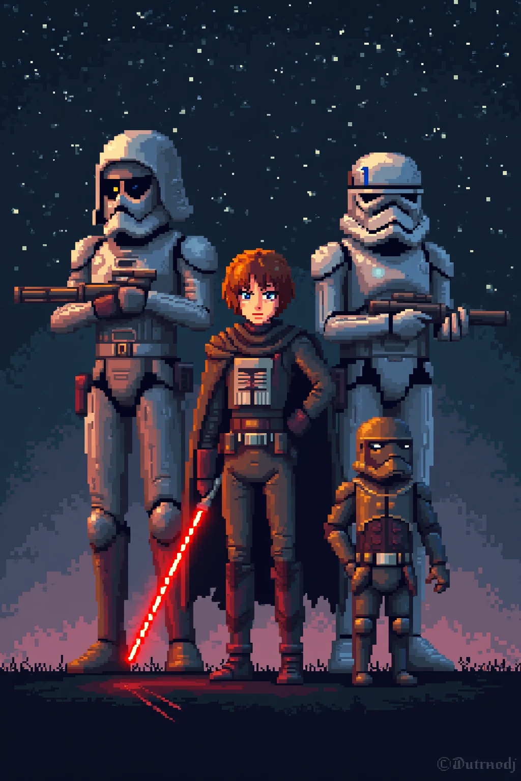 Pixel art video game theme, major Star Wars characters, Star Wars text in background, text stylish and large