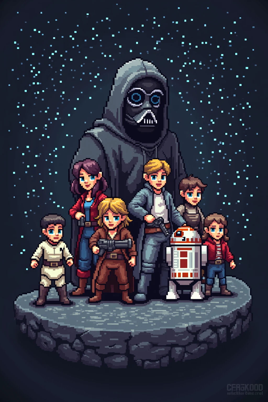 Pixel art video game theme, major Star Wars characters, Star Wars text in background, text stylish and large