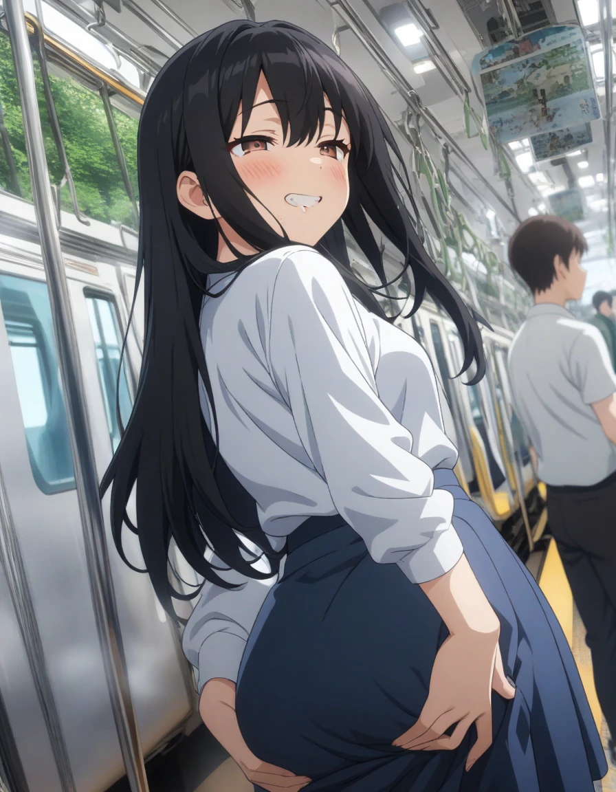 (Perfect body),Best Quality, K、Mouth open、I'm surprised、Ahegao、Blushing、embarrassed from、Medium_breasts、(Very big butt)、(very large thighs)、(fatness)、Dark hair、Medium Hair、Blue eyes、1girl in、(Sweat)、(Light blue panty)、(Striped panties)、(School uniform)、(Black pleats_Skirt)、White shirt、(spreading legs)、(despairing)、On the train、is standing、((Skirt_Flip))、Roll up your sleeves