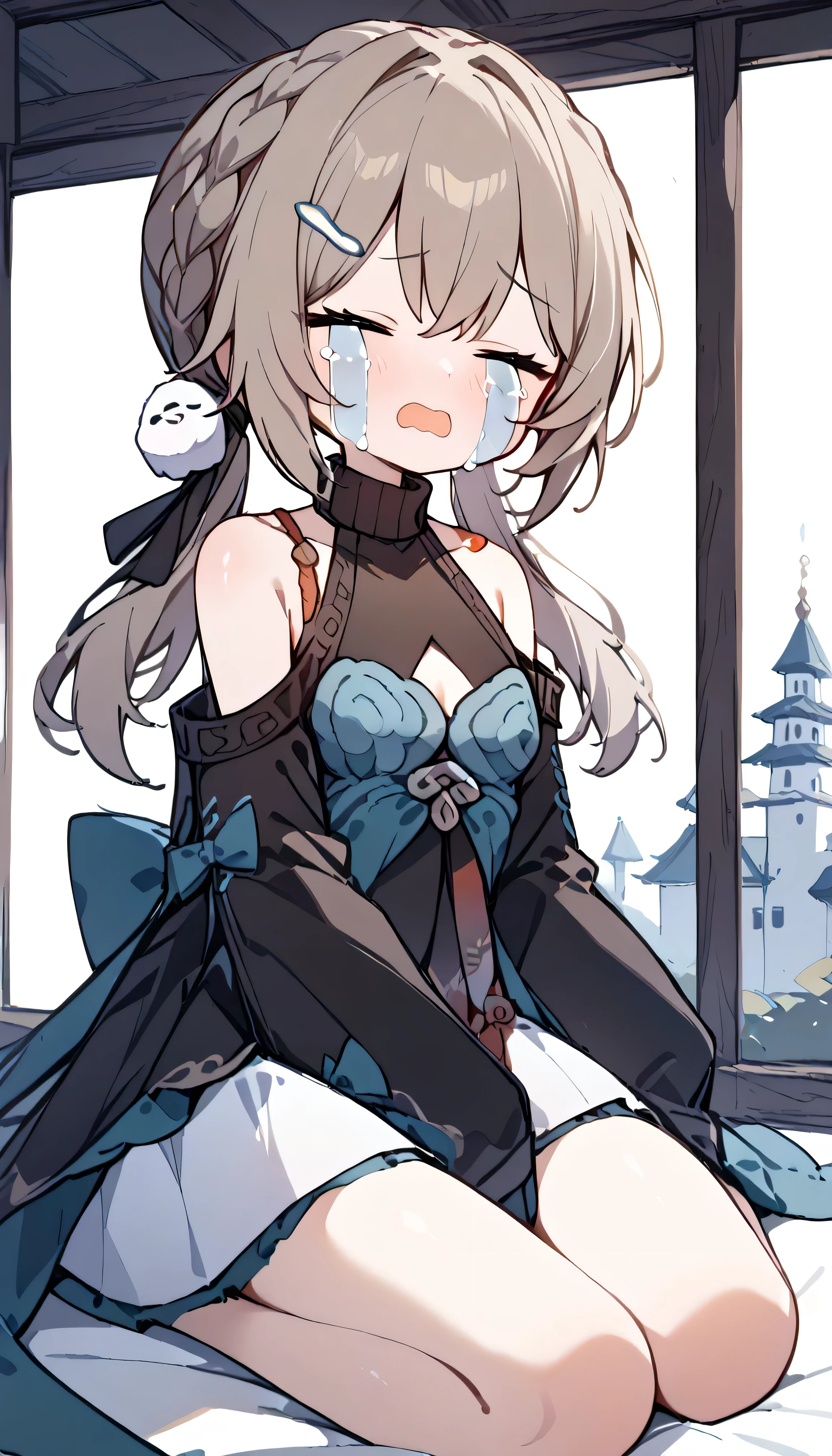 small breasts, brown hair, braid, low twintails, hair ornament, hairpin, short dress, turtleneck, bare shoulders, center opening, cleavage, long sleeves, wide sleeves, skirt,,　Alone,  I can see my eyebrows from inside my hair,  hair between your eyes, masterpiece,  best quality , very aesthetic, 　Chinese-style city　　open mouth　streaming tears　 chibi　closed eyes　face focus　kneeling