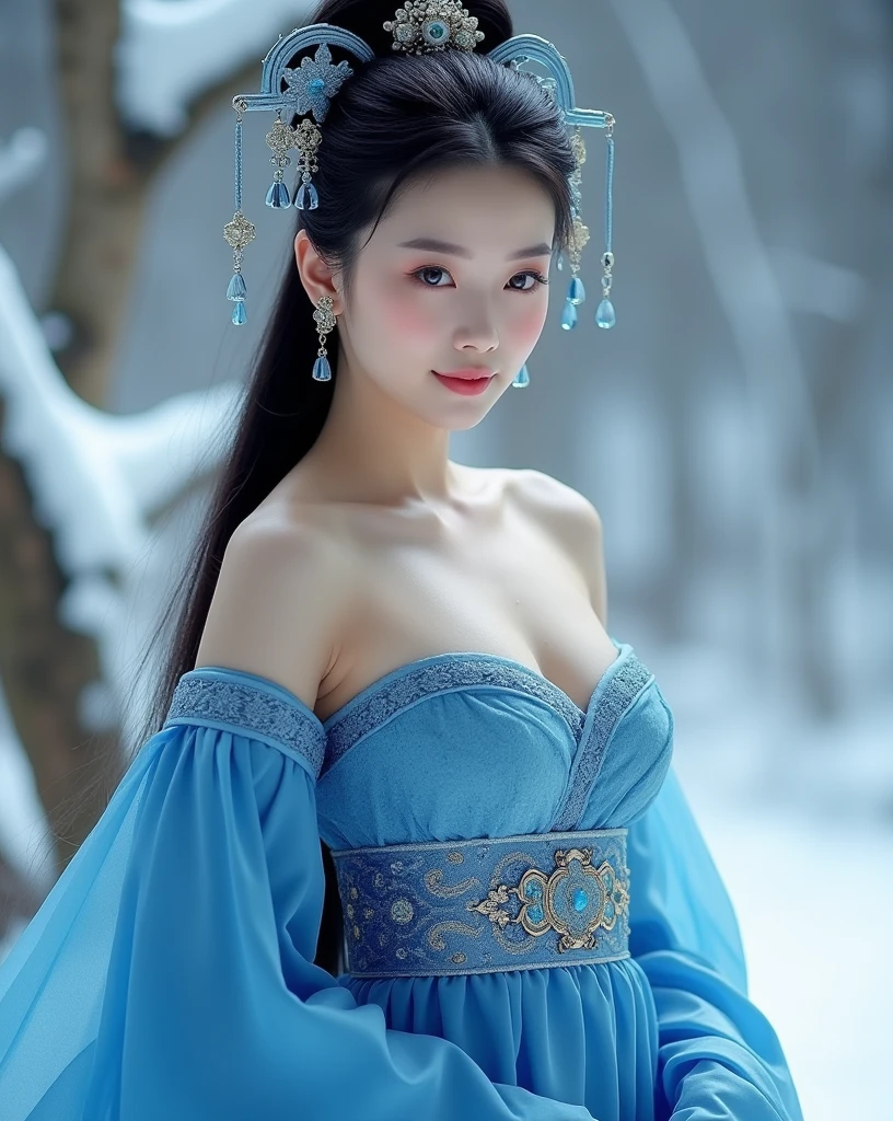 (hyperrealistic), (illustration), (high resolution), (8K), (extremely detailed), (best illustration), (best quality), (ultra-detailed), (masterpiece), (wallpaper), (photorealistic), (natural light), (1girl:1.52), (solo:1.51), (beautiful detailed eyes), (detailed beautiful face), (high detailed realistic skin texture), (anatomically correct), (high detailed realistic hair), (caramel hair:1.35), (heterochromic eyes), (detailed eyes), (blue eyes:1.37), (sparkling eyes), (realistic huge breasts:1.57), (slender abs), (dynamic modelling pose), (closed tiny mouth:1.3), (concentrated expression), (fullbody:1.56), snow-covered palace,winter wonderland,crown of ice,sparkling snowflakes,ethereal beauty,snowflakes swirling around,snow-covered trees,gorgeous snow queen,glowing ice shards,powdery snow,snowflakes glistening in the sunlight,majestic and graceful presence,snow-capped mountains,icy breath,hint of blue and silver in the color scheme,dramatic lighting,soft snow falling,queen's regal gown,subtle shades of white and blue,icy palace walls,crystal-like skin,photograph, photogenic, bokeh, cleavage, bare shoulders
