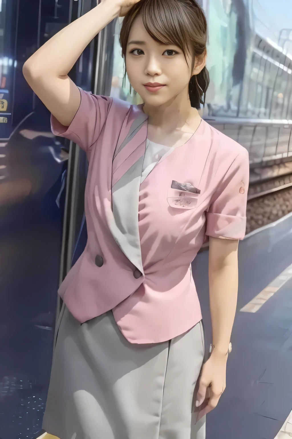 (Masterpiece:1.2, best quality :1.2), 32kHDR, there's nothing there, (Alone、 1 girl)、( On the roof of the building during the daytime 、 professional lights )、 against the roof of a building 、( Nankai train crew uniform pinkのリアルスタイル )、(( Nankai train crew uniform pink short sleeve jacket ))、((Nankai train crew uniform pink short sleeve collarless blouse ))、((Nankai train crew uniform pinkのグレーのラップキュロットスカート))、 dark brown hair 、( hair gathered、 hair bang、 hair bang)、 dark brown hair 、 long hit 、Big Breasted 、Thin legs、(( Amazing hands :2.0)),(( harmonious body proportions :1.5)),((Normal limbs:2.0)),((The usual :2.0)),(( Delicate eyes full of determination :2.0)),((Normal eyes:2.0)))、smile 、Hands crossed underneath