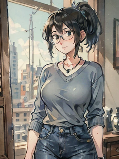 (Masterpiece: 1.0), Best quality, Aunt Cass Hamada from Big Hero 6, blue low-cut sweater, jeans, necklace, friendly expression, tall slender build, smaller breasts, grey hair in a ponytail, glasses, oil painting  