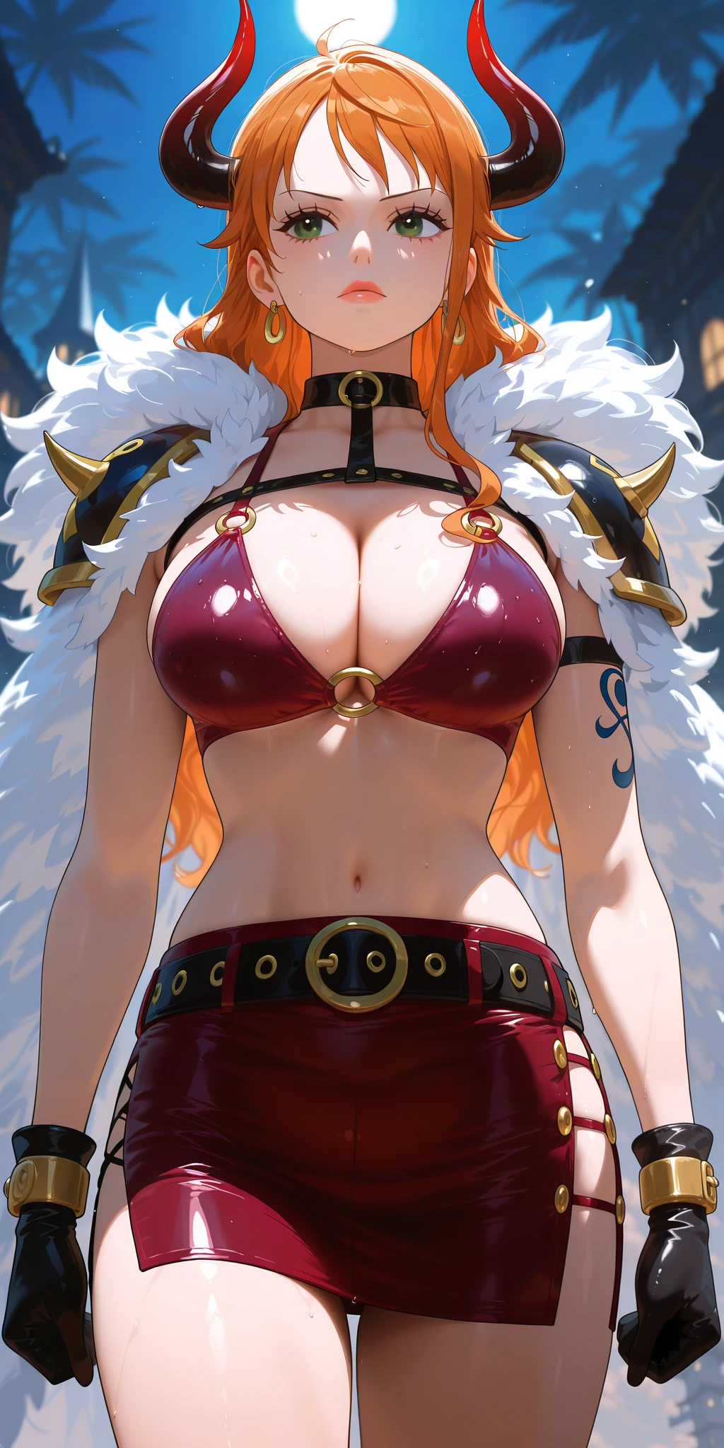 ((high detailed, best quality, 4k, masterpiece, hd:1.3)), ((best quality)), (((HD))), (((8k))), (ultraDH), (ultra HD), Princess Daisy, blue eyes, BREAK blue eyes, seductive, attractive, smooth anime cg art, 36C breasts, long legs, vivid colors, detailed digital art, slim body, perfect skin, dark blonde hair, long hair, blonde hair, blonde hair, BREAK crown, cleavage, 36C cleavage, looking at viewer, BREAK looking at viewer, extremely detailed face, red santa suit, red santa claus suit, santa claus suit, earrings, gem, dark black makeup lips, dark gothic eyeshadows, dark eyeshadows, black eyeshadows, black sexy lips, black lips, (dark:1.2), dark lips, very dark lips, (perfect hands, perfect anatomy), black makeup, black medium lips, black thick lips, detailed fingers, five fingers per hand, 5 fingers, (1 girl), detailed lips, detailed black lips, black painted lips, gothic painted lips, BREAK night, night sky, (breast focus), (arms outstreched:1.2), (from above:1.1), (breasts out:1.3), (off shoulder:1.1), (white horns), (bra), inside a lava castle, she inside a sea of lava, she bathing in lava,