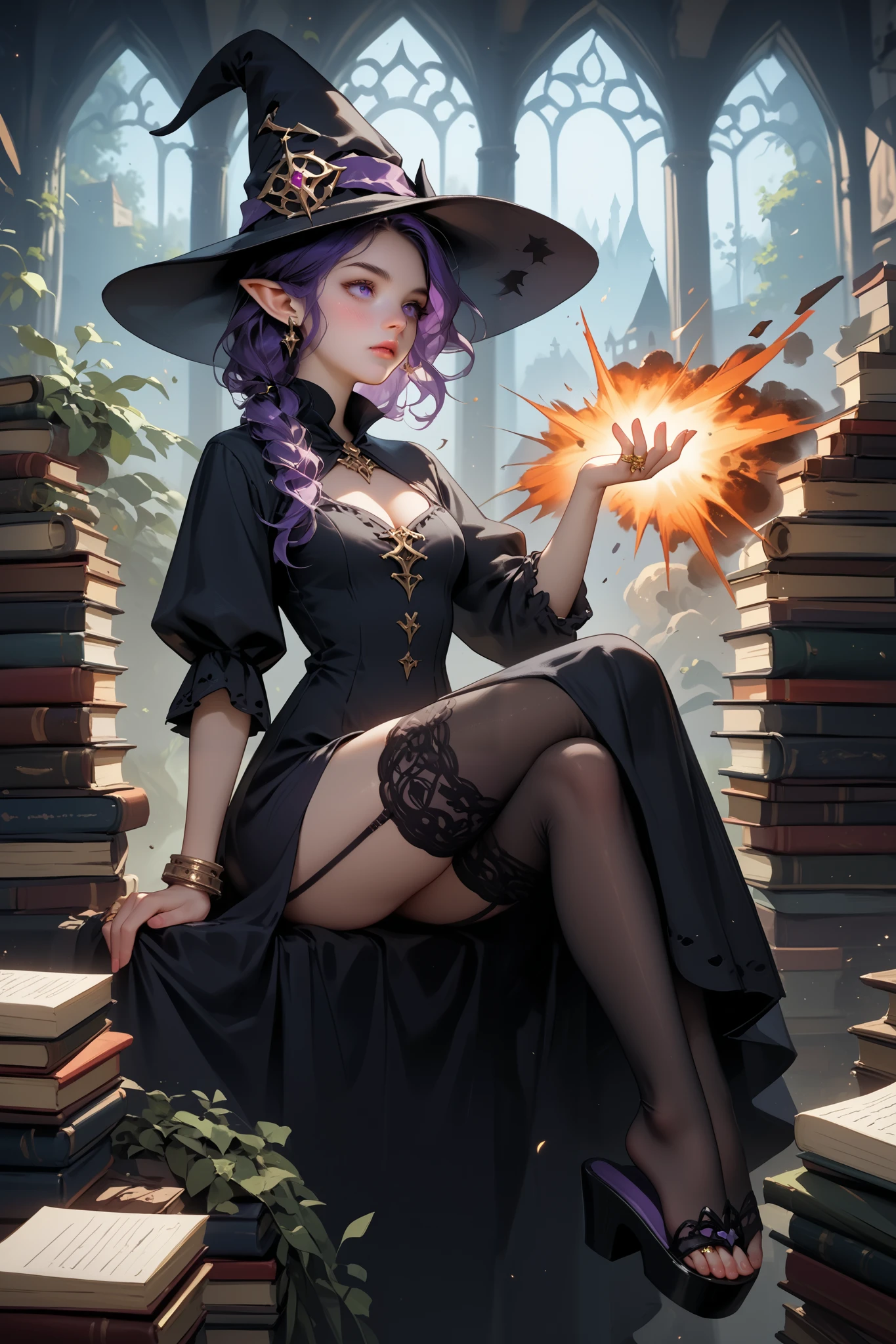 A cute yet dominant purple-haired witch with big, pointy ears rocks a black witch hat decked out with gold rings and a purple ribbon. She's sporting a tight, low-cut black dress that shows off her cleavage and has a slit on the side, purple thigh-high stockings and black 7-inch high-heel slippers. Her skin is pale, her hair purple and curly, she's got a bewildered look on her face. Behind her, there's a stone archway with ivy climbing up it, and a misty castle in the background, She is a ((clumsy and inexperienced witch)), but she doesn't want to admit it to anyone including herself

Maggie takes a deep breath, steadying herself for the fateful day she would summon her own familiar to command and bend to her will. The possibilities ran through her mind faster than she had time to think it through, an double-dick ogre, a submissive demon… Or even a tentacled monster! Whatever helped Maggie accomplish her erotic dreams would suffice, Maggie left her dungeon and went out into the garden, just in case her spell caused an explosion, Again… Taking a deep breath, she snaps her fingers, a book levitates and flies out of the library window above her. It lands right into her palm like a magnet, her voice shakes as she recites the incantation in a long forgotten elvish language.