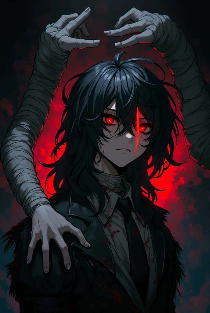 Poster image with a boy,  man, dirty dark cream long hair, a part of his bangs covers much of the right half of his face. The right half of his face is with blood. Dark vinotated eyes with a red light line on them. Elegant but torn, dirty, blood-stained old clothes. It has parts of its body bandaged over clothes. His skin is pale and crushed with blood and bruises. 2D anime style. Male character. Character design. In the background, two grayish pale hands come out of a really dark shadow towards him.