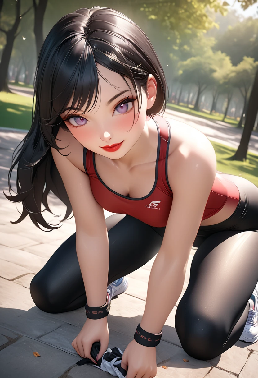 realistic, single girl, black hair, black eyes, bright eyes, black crop top, wearing gym pants, parted lips, blush, flower, room, sofa, all fours