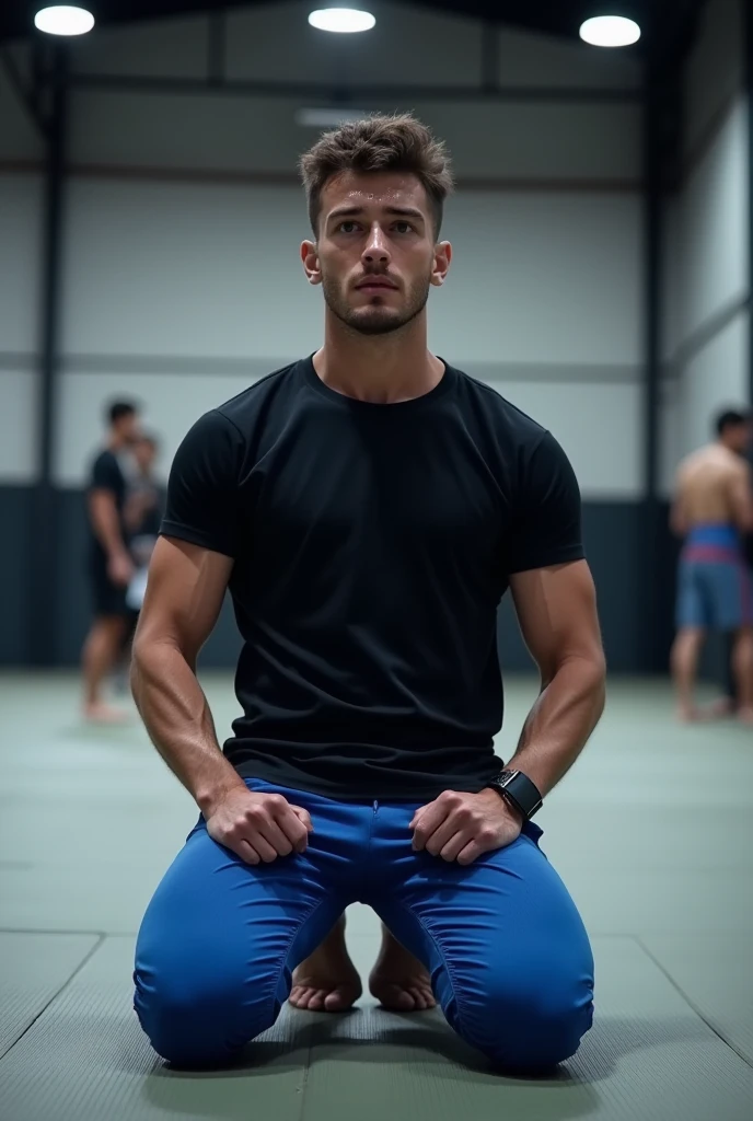 blonde alpha male man, a policeman, perfect body, a police man, with police uniform t shirt, crossed arms, briefs bixer black color, blue eyes, virile, alpha male, nordic type, europe man type, hairy body, tall stading full body, alone on office,