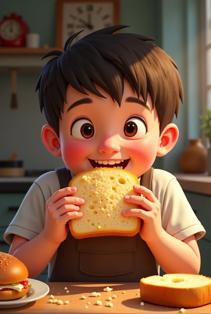 (photorealism:1.2),Child eating choco tejas bar, background in a school