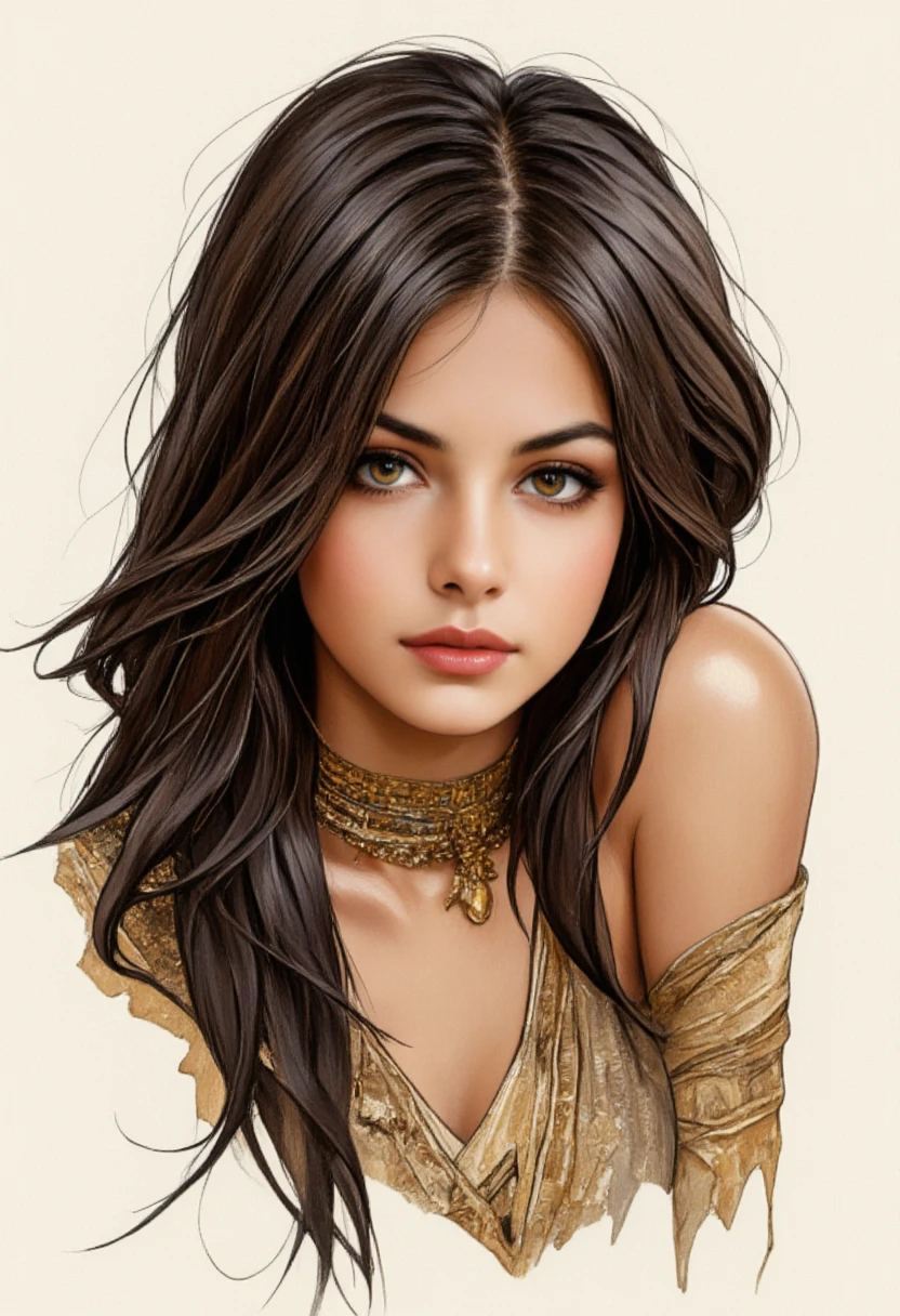 Create a hyperrealistic digital matte painting portraying a flawless, young woman with (long, flowing black hair:1.3) against a textured beige background. Rendered with intricate skin texture, sharp focus on facial features, and fluid, dynamic brushstrokes for hair and clothing. Her beauty is truly striking with her glossy, slightly parted lips and how her dark smokey eye makeup accentuates her (intense, sultry and alluring gaze:1.3) akin to 'bedroom eyes'. She is (barely wearing:1.2) a loosely undone, multicolored, (delicate silk robe:1.4) which has (seductively slipped off:1.3) half of her body, revealing her bare shoulder and (entire left breast:1.5) while the other remains (teasingly hidden:1.1). She adorns delicate jewelry, including earrings and a pendant necklace. The overall atmosphere arouses feelings of (sensuality, desire:1.4), and boldness in the viewer. Theme: A fusion of traditional femininity and natural beauty with artistic expression.