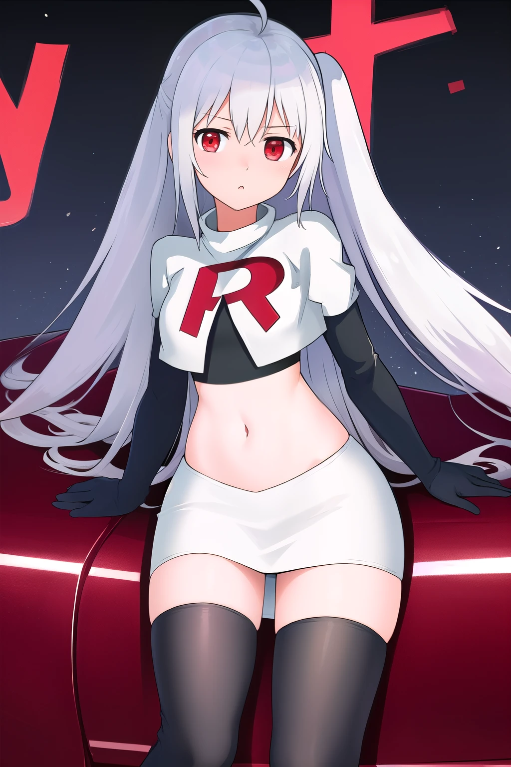 masterpiece, best quality, demon_kisara, glowing eyes, team rocket,team rocket uniform,white skirt,red letter R,crop top,black thigh-highs,black elbow gloves