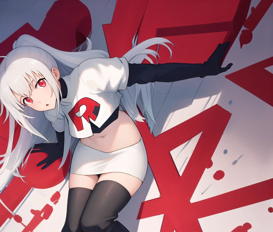 Best quality at best,tmasterpiece,(Fidelity:1.2),1 girl,White color hair,red color eyes,the face,A detailed face,beautidful eyes,white stockings,slender leg
