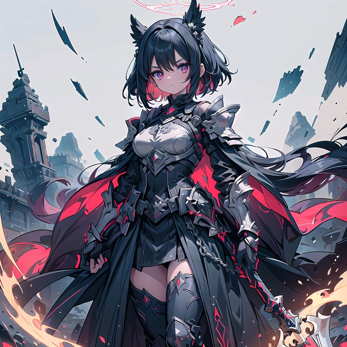 cute face, kawaii, cute, very big eyes, Aesthetic Anime Eyes, small face, cleavage, navel, thighs, (8k, masterpiece, best quality, ultra-detailed), 1girl, solo, darkpriest, robe/tabard, holding staff, DarkFantasy, ruins, dark, ((()))