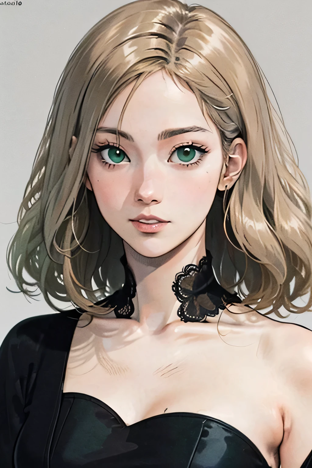 1 girl, Best image quality, european woman, (adult woman), (sexy vibes), (wearing dress), (elegant outfit),light skin, ((green eyes)) , (medium wavy hair), (blonde hair). looking at viewer, ((grey plain background)), (Takehiko Inoue art style), full body.