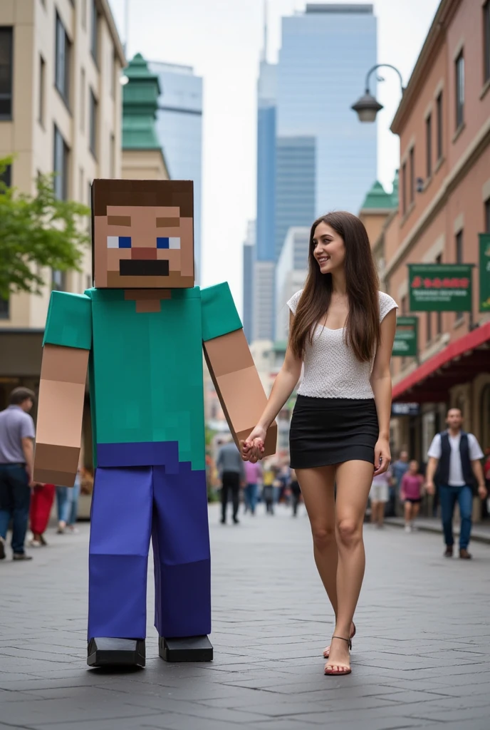 Make a 20-year-old human man of 1 meter and 80 tall dressed in the square costume of the Minecraft boy ,  he holds the hand of a beautiful real non-pixelated   girl who is happy and looking at him, Are there people in the shape of Minecraft around in 3D , fully pixelated city center environment in 3D 