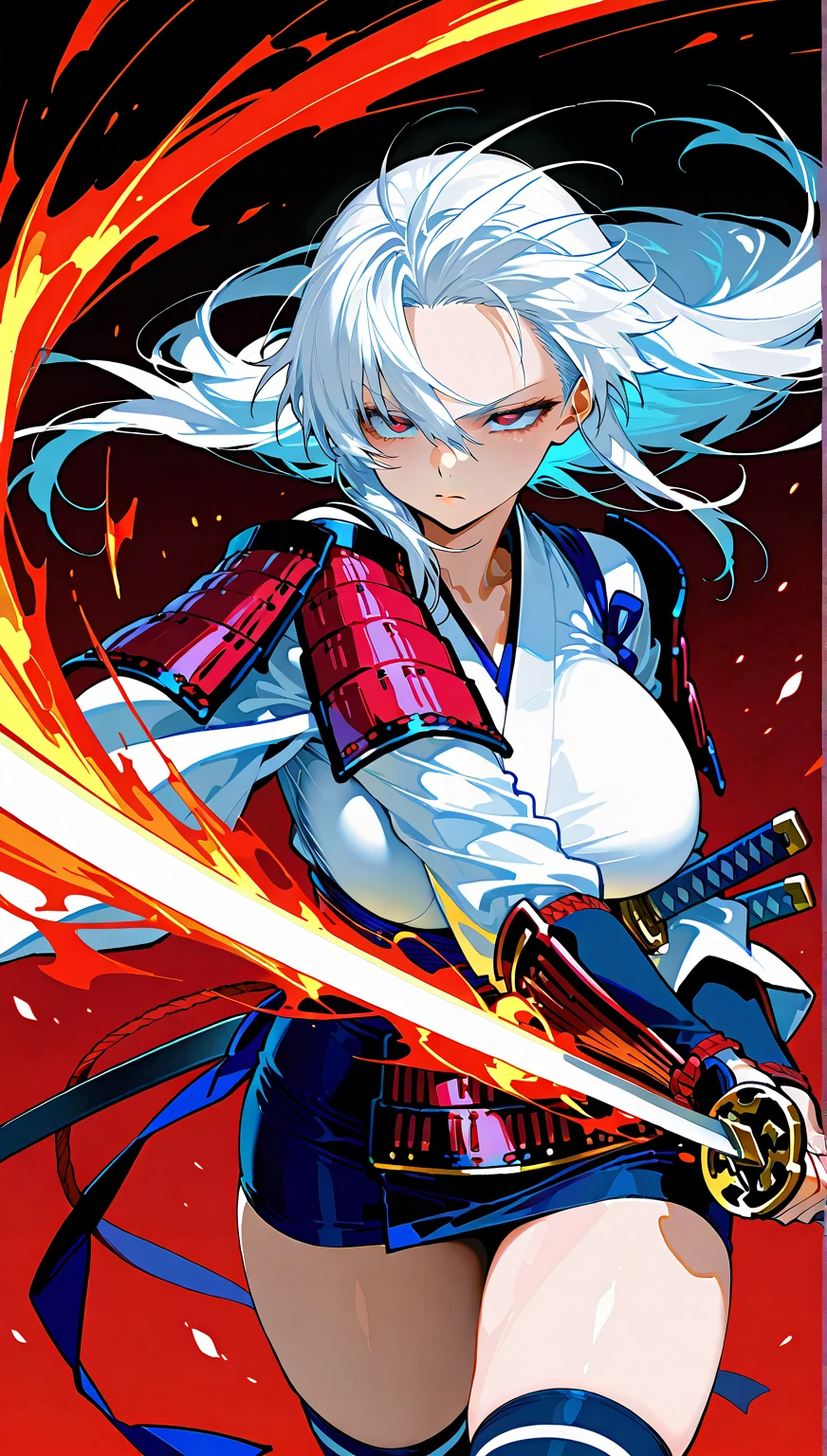 Uzaki,  score_9,  score_8_above,  score_7_above,(De alta calidad, high resolution), white hair, Short Straight , [[broken in half]], forehead,( Japanese armor ,chest),white kimono,  black miniskirt ,knee socks, Big breasts, dark eyes,  slanted eyes , ( curvy body ), Wielding a sword, In battle,((Cowboy shot)) SimplePositiveXLv2 