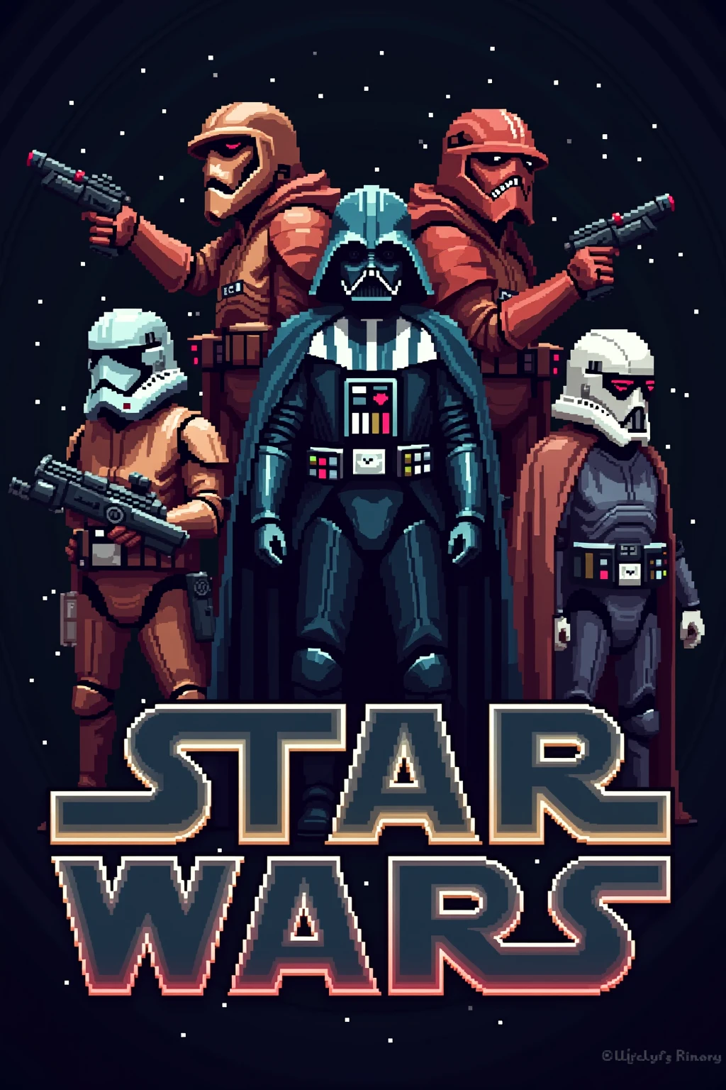 Pixel art video game theme, major Star Wars characters, Star Wars text in background, text stylish and large