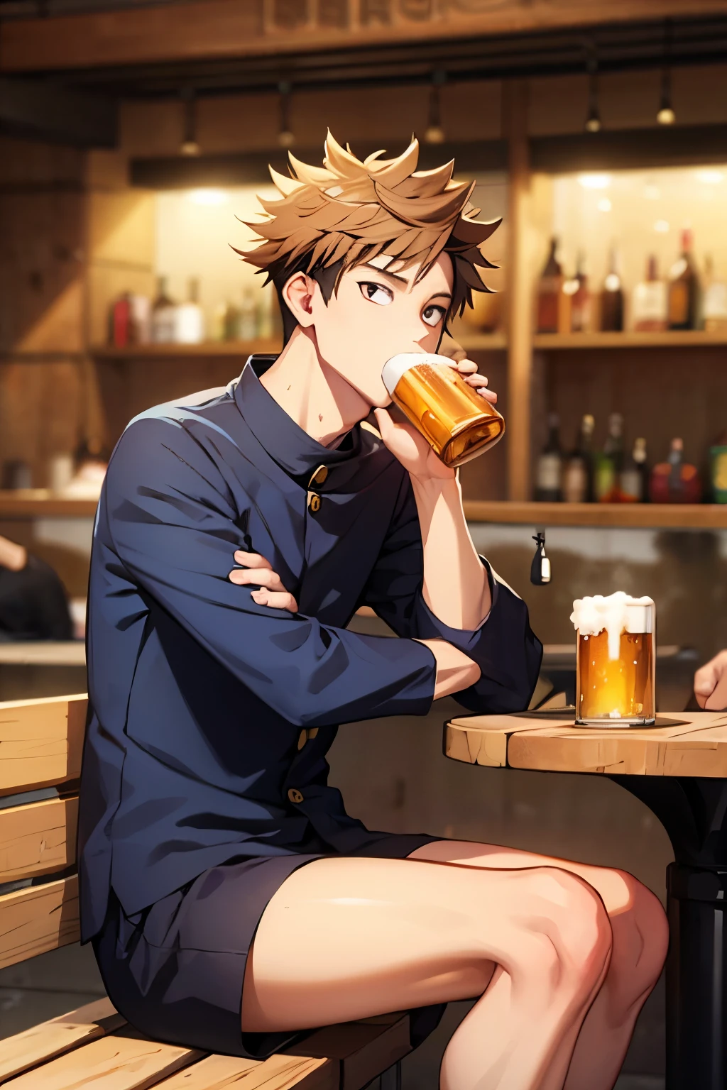 Nobafa version man ,  sitting drinking beer 
