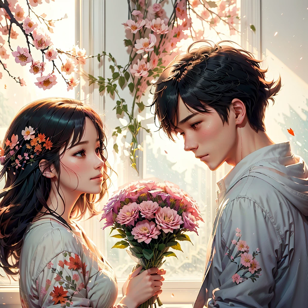 anime couple holding flowers in front of a window, 🍁 cute, sakimichan and makoto shinkai, high quality fanart, cute art style, official fanart, holding flowers, soft anime illustration, shoujo romance, guweiz and makoto shinkai, in style of makoto shinkai, flowers on heir cheeks, shoujo manga, with flowers