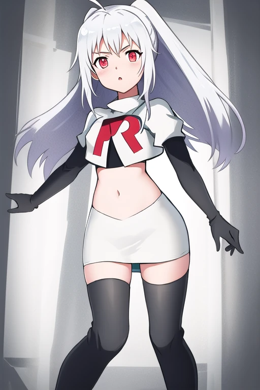 masterpiece, best quality, 1girl, solo, long_hair, looking_at_viewer, hair_between_eyes, jewelry, white_hair, team rocket,team rocket uniform,white skirt,red letter R,crop top,black thigh-high boots,black elbow gloves,