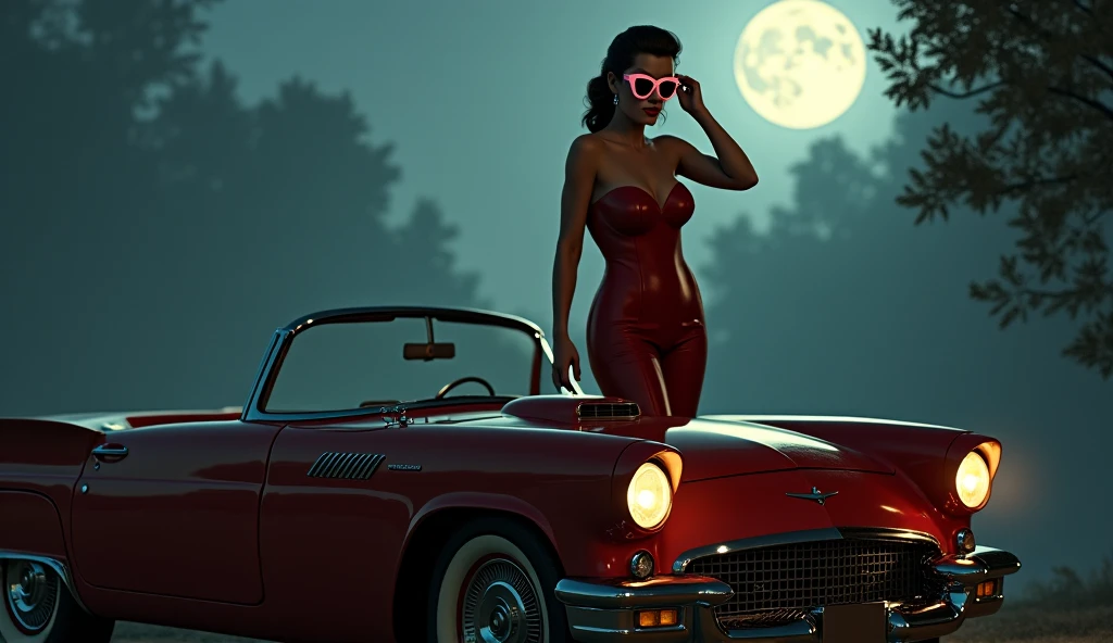 (Hyper-realistic photograph:1.4), Captivating scene under the rain at night on a rooftop, year 1937 cars on street, flying cars, a sexy slim woman, large breast cleavage, with short brown hair, three-quarters view, Black trench coat, (black sunglasses, holding a short gun), with a dark rainy city landscape in background, blue eyes, photography style, (half-body shot:1.3), (contemplative expression:1.2),(well-lit:1.2) Extremely Realistic, serendipity art, (sharp focus:1.3), intricate details, highly detailed, by God himself, original shot, masterpiece, detailed and intricate, Movie Still, guttojugg1
