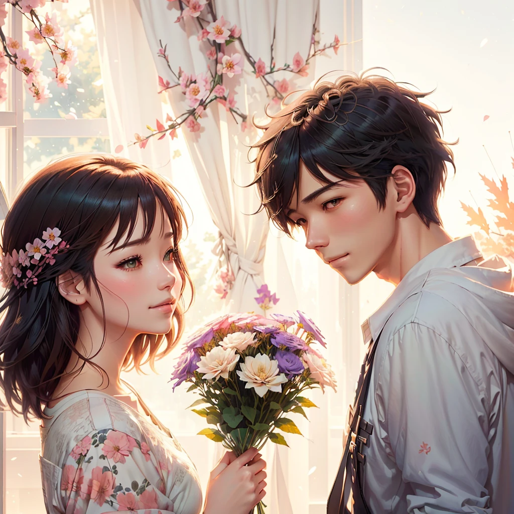 anime couple holding flowers in front of a window, 🍁 cute, sakimichan and makoto shinkai, high quality fanart, cute art style, official fanart, holding flowers, soft anime illustration, shoujo romance, guweiz and makoto shinkai, in style of makoto shinkai, flowers on heir cheeks, shoujo manga, with flowers