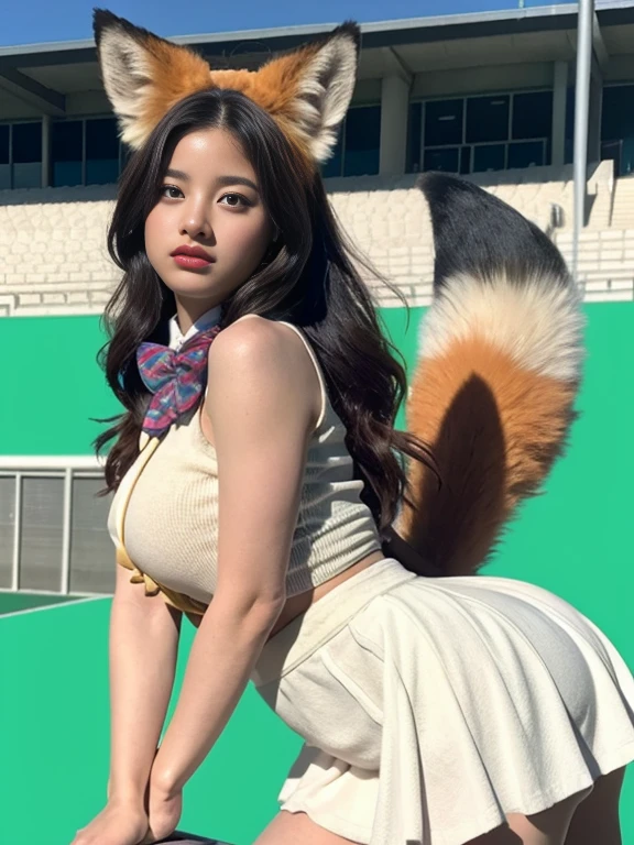 ((Highest quality, 8k)), ((masterpiece)), (Highest Resolution), Perfect Face, Fox-eared woman, Female college student, Beautiful woman, public, One tail, she has thick thighs, Big fox tail, She has a yellow fox tail., She wags her tail, Troubled face, Fur collar, She is wearing a short skirt, Beautiful Hips , Big Breasts, The skirt is rolled up with a big tail