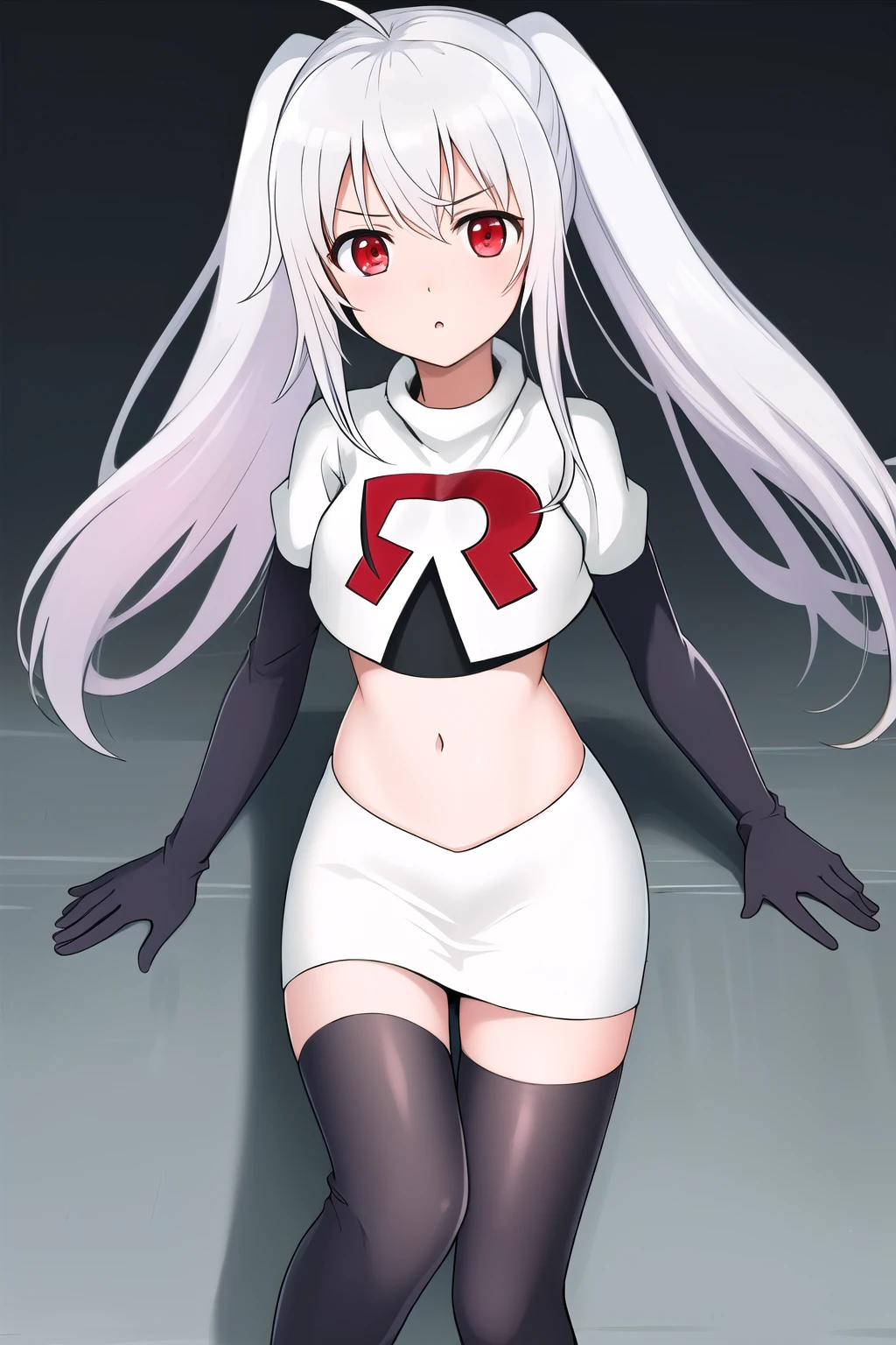 masterpiece, best quali,1girl, bangs, breasts, eyebrows_visible_through_hair, hair_ornament, long_hair, looking_at_viewer, medium_breasts, solo,silver hair,twintails, very_long_hair, yellow_eyes, team rocket,team rocket uniform,white skirt,red letter R,crop top,black thigh-highs,black elbow gloves