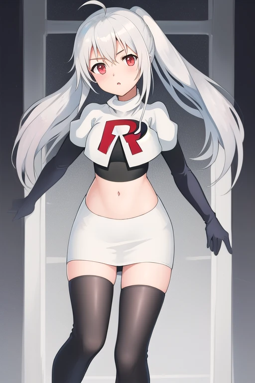 masterpiece, best quality, 1 girl white hair, long hair,ahoge, team rocket,team rocket uniform,white skirt,red letter R,crop top,black thigh-highs,black elbow gloves