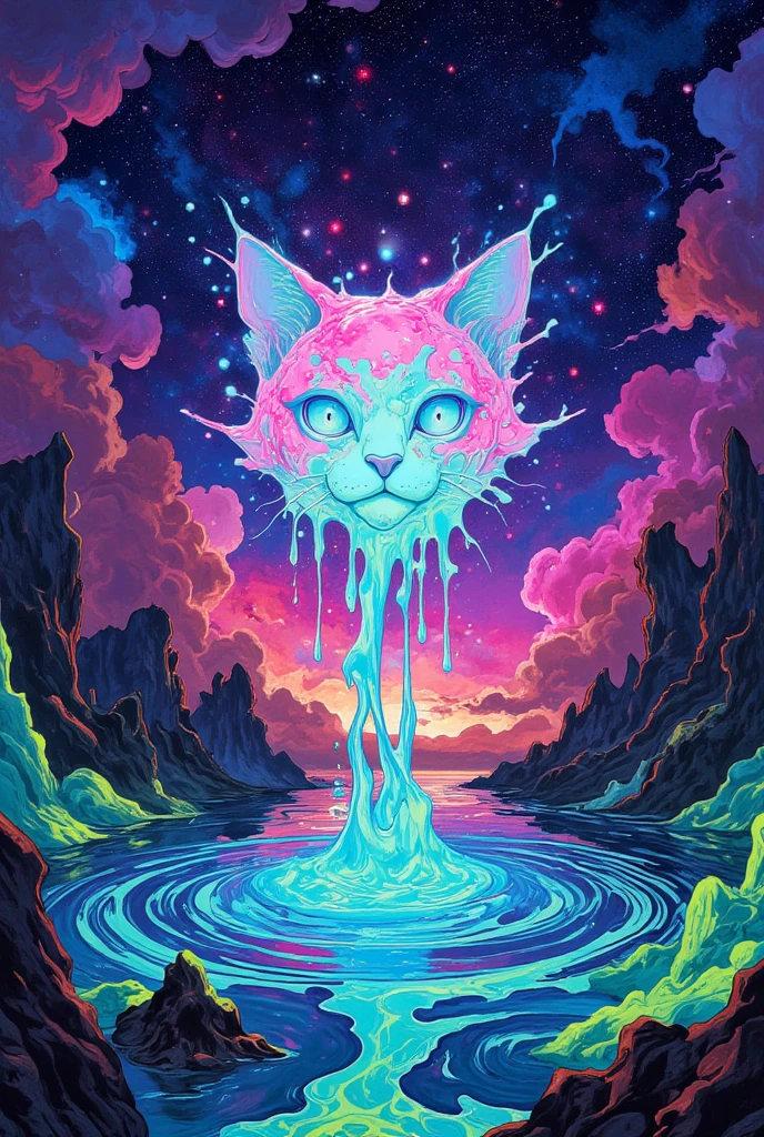 poster titled 'Flux  IPAdapter.' ."A surreal cosmic landscape featuring a glowing, ethereal catpaw suspended in the starry night sky. The catpaw appears to be melting, with vibrant, magenta and turquoise liquid energy swirling around it. The environment is otherworldly, with jagged glowing lime green crystals and shadowy mountains framing the scene. The sky is alive with stars and nebulas blending hues of deep indigo, purple, and magenta. Clouds tinted with warm bordeaux and crimson contrast the cool tones, adding depth. The flowing liquid radiates a mesmerizing luminescence, creating intricate ripples and light reflections across the ground. The atmosphere feels mystical and infinite, a fusion of cosmic power and ethereal beauty,celestial"