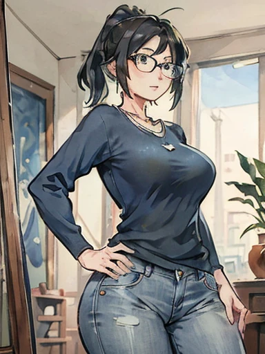 (Masterpiece: 1.0), Best quality, Aunt Cass Hamada from Big Hero 6, mature, blue low-cut sweater, jeans, necklace, friendly expression, tall slender build, smaller breasts, larger butt, grey hair in a ponytail, glasses, oil painting  