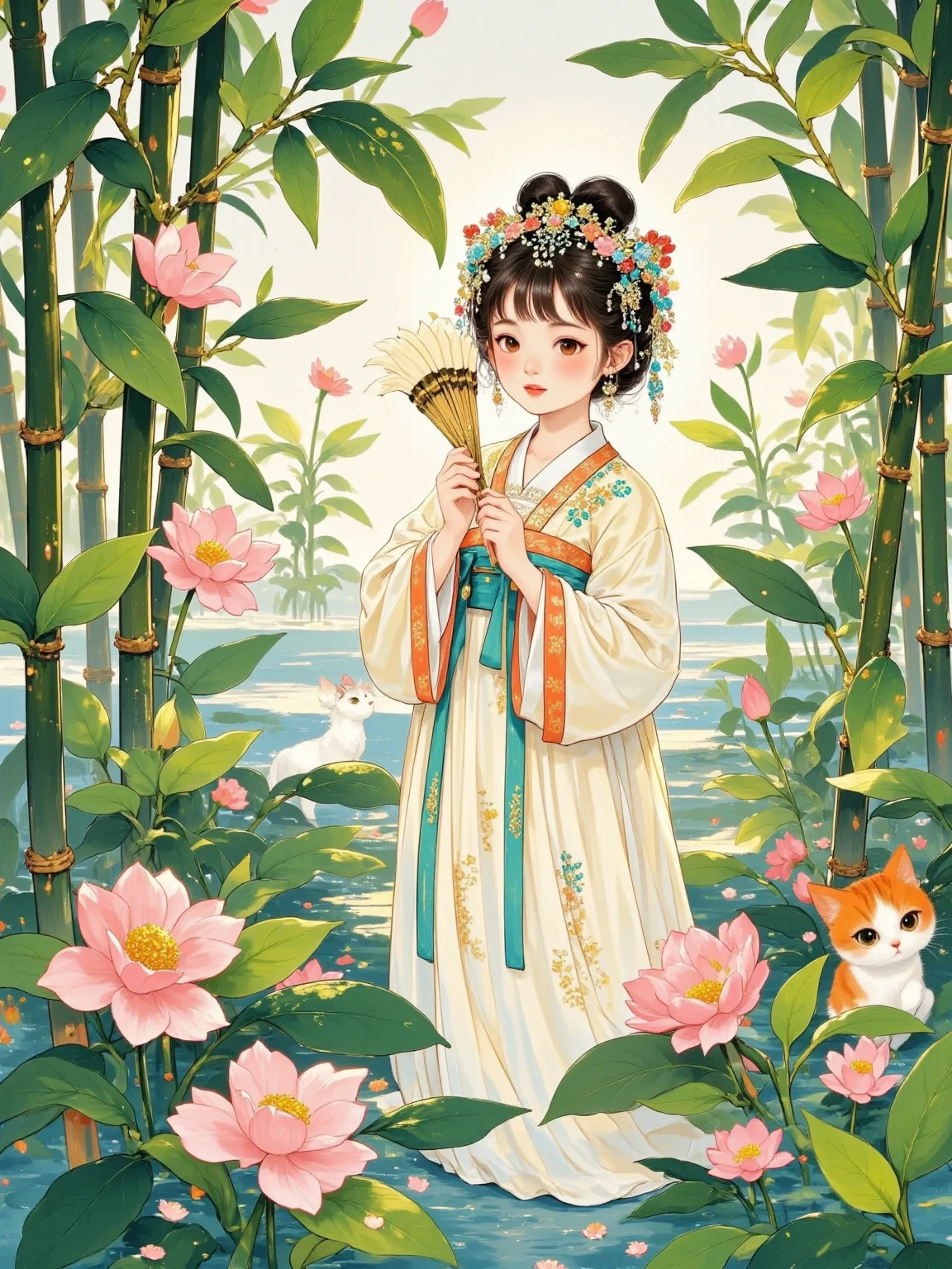  Quiet Bamboo Forest Light Spot Fragment ， Moonwhite Sujin Bamboo Leaf Embroidered Robe 、 Green Bamboo Hairpin Haircut Kotohime ，Side Light Blur ， High Pixel Ancient Ethereal Picture