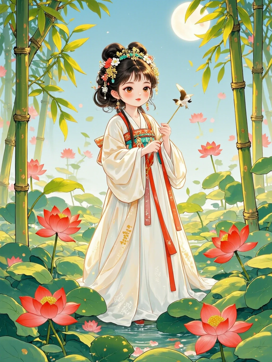  Quiet Bamboo Forest Light Spot Fragment ， Moonwhite Sujin Bamboo Leaf Embroidered Robe 、 Green Bamboo Hairpin Haircut Kotohime ，Side Light Blur ， High Pixel Ancient Ethereal Picture