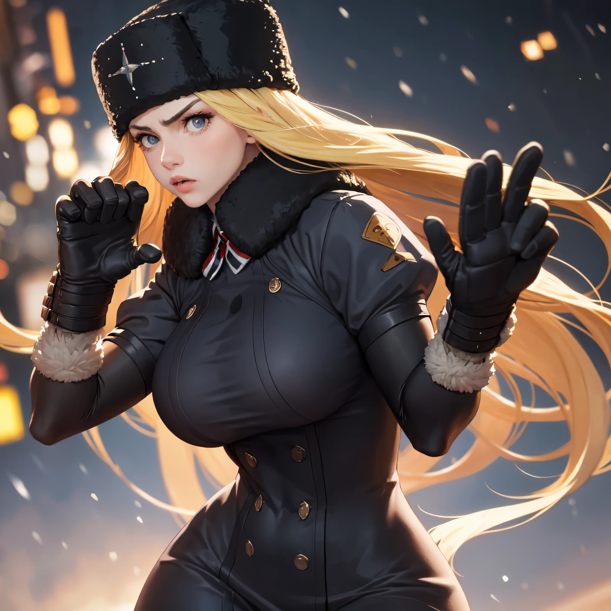 Masterpiece, best quality , SF Colin, fur hat, Black Coat , elbow gloves, upper body, snow, Fighting Stance, Bokeh, frowned , Serious, is looking, is standing 、 huge breasts