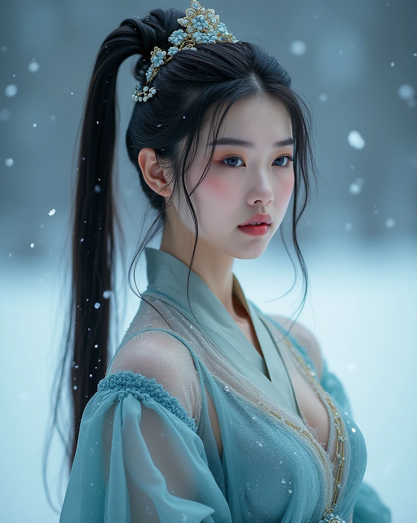 best quality， masterpiece，8k，（Realistically：1.4），Ultra-high resolution，1 girl，(Ultra-realistic skin maps)， Ultra Detailed， Surreal， Highly detailed CG illustrations， official art， Movie Lighting， Practical， Young beautiful girl，Perfect body， Full view，enjoy expression，（Start from below：1.3）， Sexy pose， Sexy long legs， confidence， Beautiful and sexy， ((Gorgeous Chinese Hanfu))，cropped shoulder，S-Shape Pose， blush， Chapped lips， View Viewer ， half body shot ， (fur-edged cloak:1.2) ，(Chinese pavilions)，It snowed heavily，The ground is covered with snow，