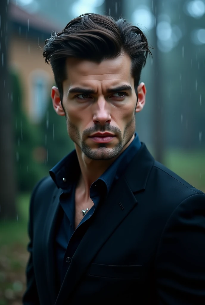 A man smoking in heavy rain