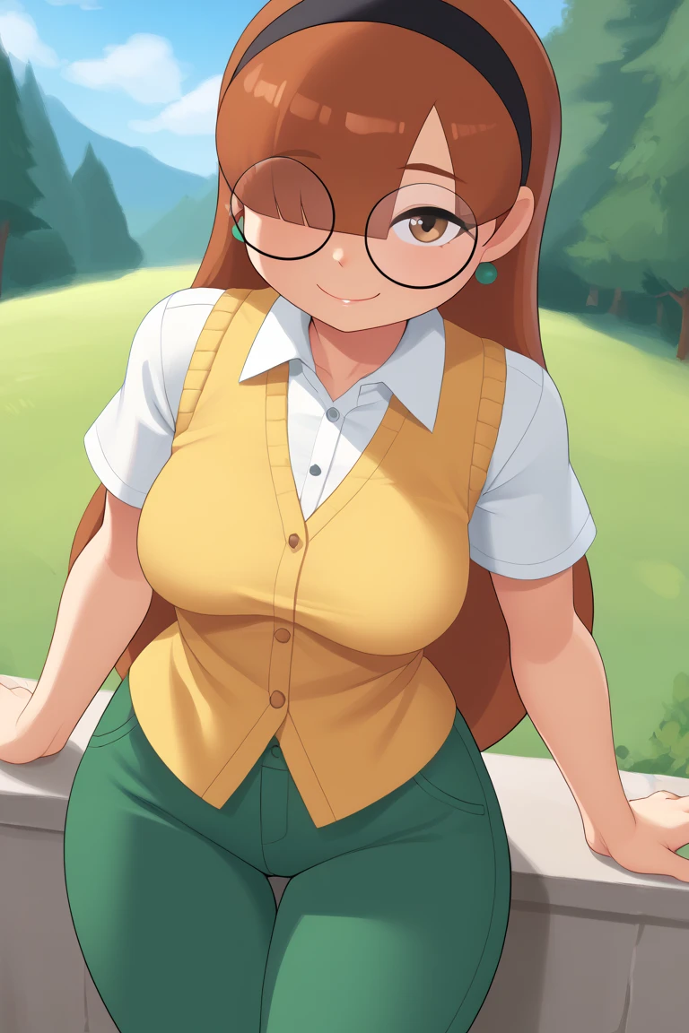 score_9, score_8_up, score_7_up, score_6_up, score_5_up, score_4_up, 1girl, solo, rating_explicit, source_cartoon, Emma_Donchibi_Style, red-brown hair, hair over eyes, blunt bangs,
black-framed eyewear, brown eyes, circular rim glasses, round eyewear, hair over one eye, long hair hairband, earrings, white shirt, collared shirt, yellow vest, short sleeves, green pants, perfectly round breasts, wide hips, 
beautiful, sexy, cute, medium breasts, looking at viewer, standing, outdoors, forest, blue sky, clouds, dynamic angle, smile, fca style, half body, eyebrows