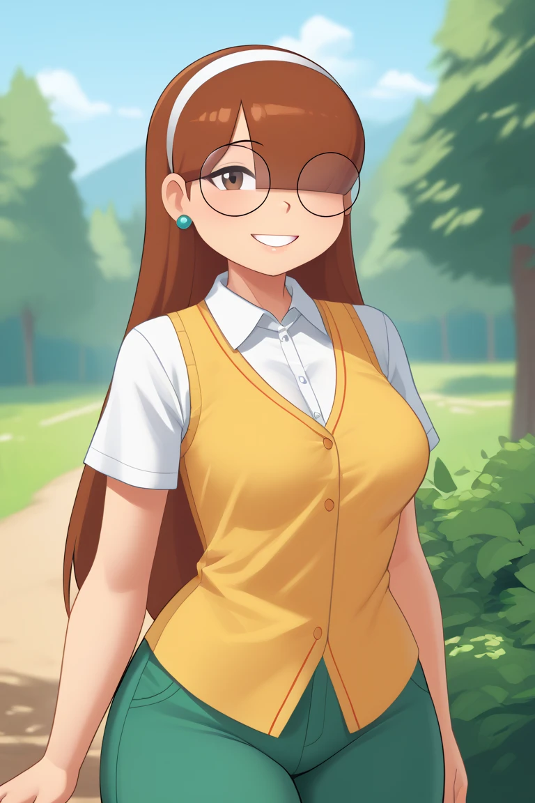 score_9, score_8_up, score_7_up, score_6_up, score_5_up, score_4_up, 1girl, solo, rating_explicit, source_cartoon, Emma_Donchibi_Style, red-brown hair, hair over eyes, blunt bangs,
black-framed eyewear, brown eyes, circular rim glasses, round eyewear, hair over one eye, long hair hairband, earrings, white shirt, collared shirt, yellow vest, short sleeves, green pants, perfectly round breasts, wide hips, 
beautiful, sexy, cute, medium breasts, looking at viewer, standing, outdoors, forest, blue sky, clouds, dynamic angle, smile, fca style, half body, eyebrows