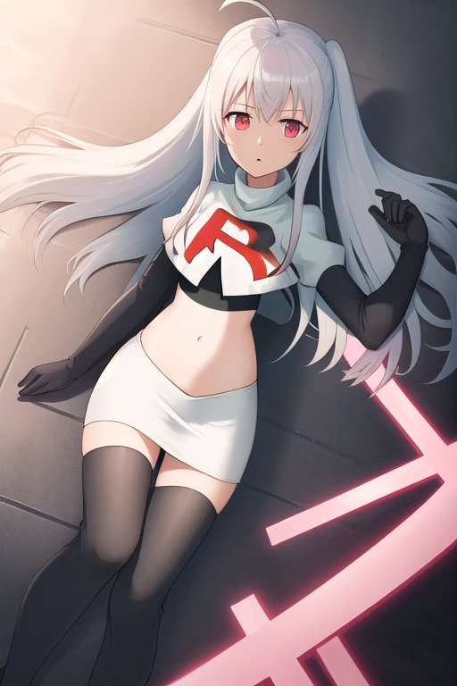 masterpiece, best quality, 1girl, solo, long_hair, looking_at_viewer, hair_between_eyes, jewelry, white_hair, team rocket,team rocket uniform,white skirt,red letter R,crop top,black thigh-high boots,black elbow gloves, scared