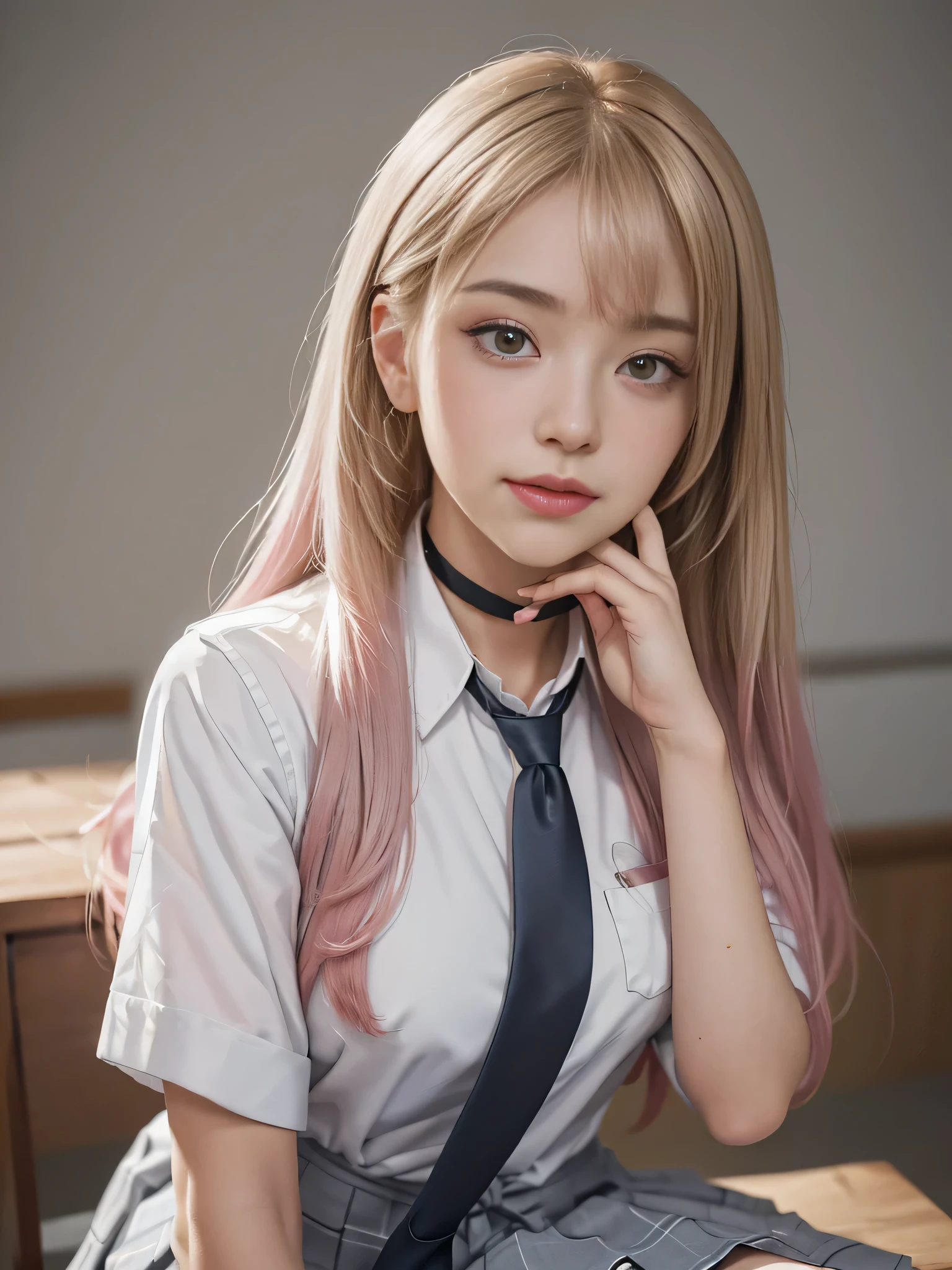 (pieza vuela, mejor calidad:1.2), desde arriba, 8k, arte oficial, foto cruda, incredibly stupid, (parte superior del cuerpo todo el cuerpo, uniforme de marinero, serafuku, Wariza sentada:1.4), flexible、rubia hermosa chica, cabello rubio encima de los ojos、idol face, arch backwards, falda plisada, muslos, primer plano de los senos, , super long straight blonde silky hair、Grandes ojos azul claro、Hermosos reflejos de ojos, gardenia, violacea, Diez generaciones, aula, mirando al espectador, Sin maquillaje, film grain, chromatic aberration, Tits sharp focus, luz de la cara, dynamic lighting, cinematic lighting, cara detallada, fondo bokeh, (Pajarita rojo oscuro:1.3)、Una chica hermosa e incomparable、beautiful face、Cara redonda、rico busto、reflejos en las mejillas、piel blanca y hermosa
