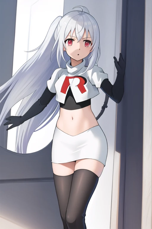 NinymGP, ahoge,best quality, masterpiece, highres, team rocket,team rocket uniform, red letter R, white skirt,white crop top,black thigh-highs,black elbow gloves,