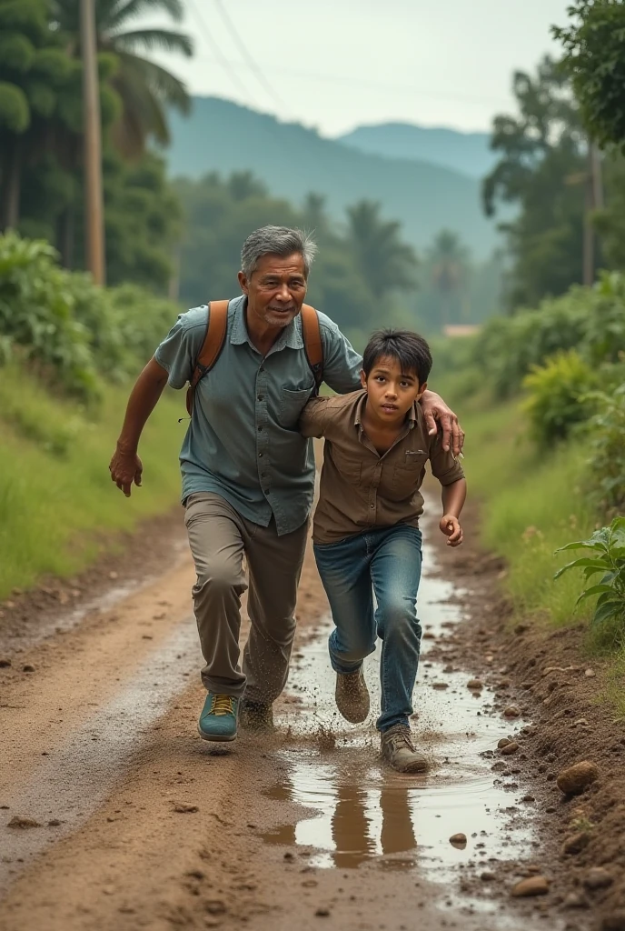 cinematic, photorealistic film poster of a man in suit , fully drenched in rain, pushing a van from behind to a cliff, a small boy trying to stop him by latching unto his legs, late night, foggy weather, monsoon, kalimpong outskirts, near a posh bungalow