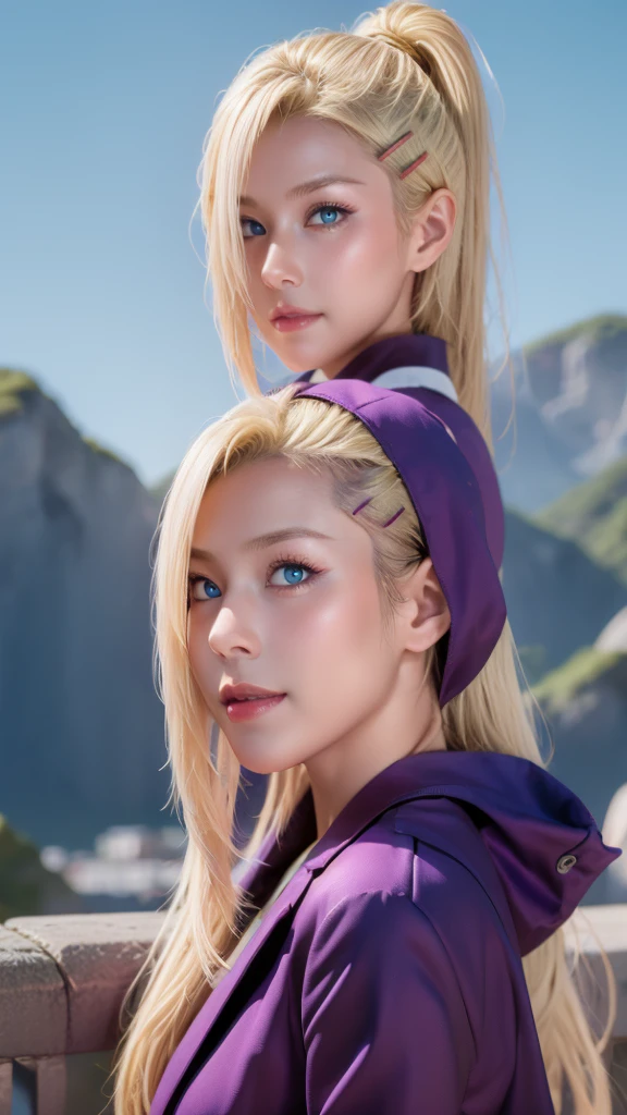 a close up of a person with long hair and a purple jacket, yamanaka ino, yamanaka ino from naruto shippuden, as an anime character, perfect anime face, she has yellow hair with bangs, shemale anime character, anime character, anime best man, hime cut hairstyle, yellow hair, blue eyes, smile, realistic, ultra detail, city background, (beautiful face:1.3)